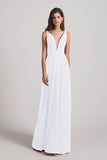 Alfa Bridal White Straps Long Chiffon Plunging V-Neck Bridesmaid Dresses (AF0069)