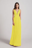 Alfa Bridal Yellow Straps Long Chiffon Plunging V-Neck Bridesmaid Dresses (AF0069)