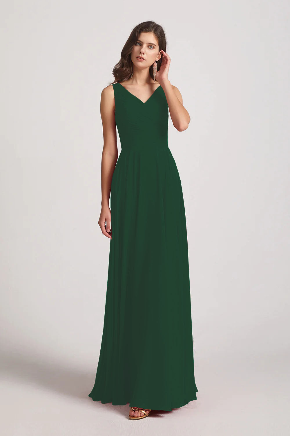 Alfa Bridal Dark Green Straps Pleated A-Line Chiffon Sleeveless Bridesmaid Dresses (AF0144)