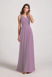 Alfa Bridal Dark Lavender Straps Pleated A-Line Chiffon Sleeveless Bridesmaid Dresses (AF0144)