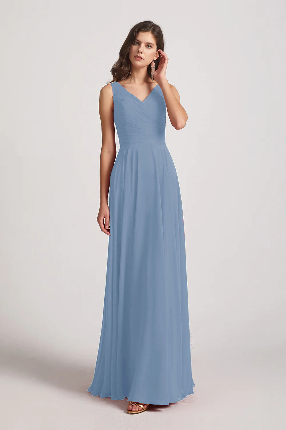 Alfa Bridal Dusty Blue Straps Pleated A-Line Chiffon Sleeveless Bridesmaid Dresses (AF0144)