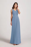Alfa Bridal Dusty Blue Straps Pleated A-Line Chiffon Sleeveless Bridesmaid Dresses (AF0144)