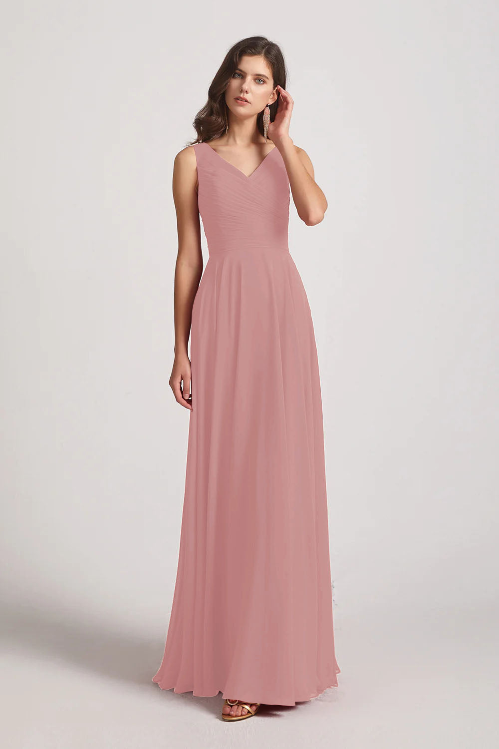 Alfa Bridal Dusty Pink Straps Pleated A-Line Chiffon Sleeveless Bridesmaid Dresses (AF0144)