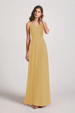 Alfa Bridal Gold Straps Pleated A-Line Chiffon Sleeveless Bridesmaid Dresses (AF0144)