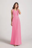 Alfa Bridal Hot Pink Straps Pleated A-Line Chiffon Sleeveless Bridesmaid Dresses (AF0144)