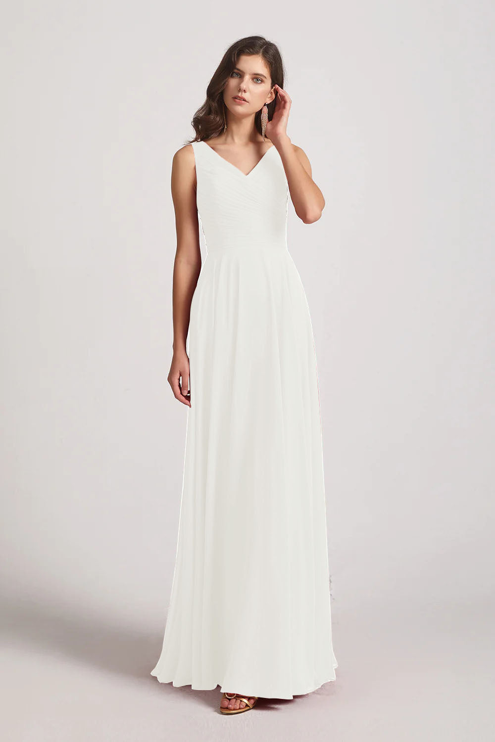 Alfa Bridal Ivory Straps Pleated A-Line Chiffon Sleeveless Bridesmaid Dresses (AF0144)