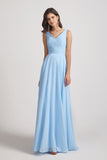 Alfa Bridal Light Sky Blue Straps Pleated A-Line Chiffon Sleeveless Bridesmaid Dresses (AF0144)