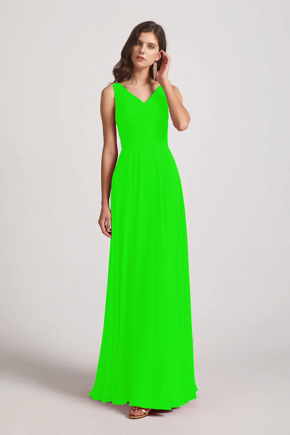 Alfa Bridal Lime Green Straps Pleated A-Line Chiffon Sleeveless Bridesmaid Dresses (AF0144)