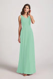 Alfa Bridal Mint Green Straps Pleated A-Line Chiffon Sleeveless Bridesmaid Dresses (AF0144)