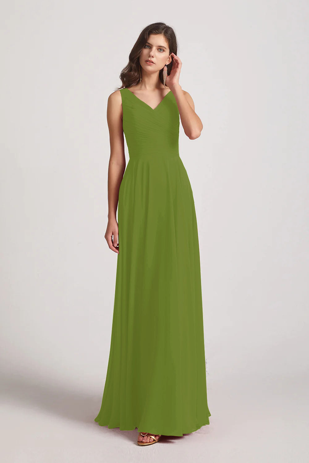 Alfa Bridal Olive Green Straps Pleated A-Line Chiffon Sleeveless Bridesmaid Dresses (AF0144)