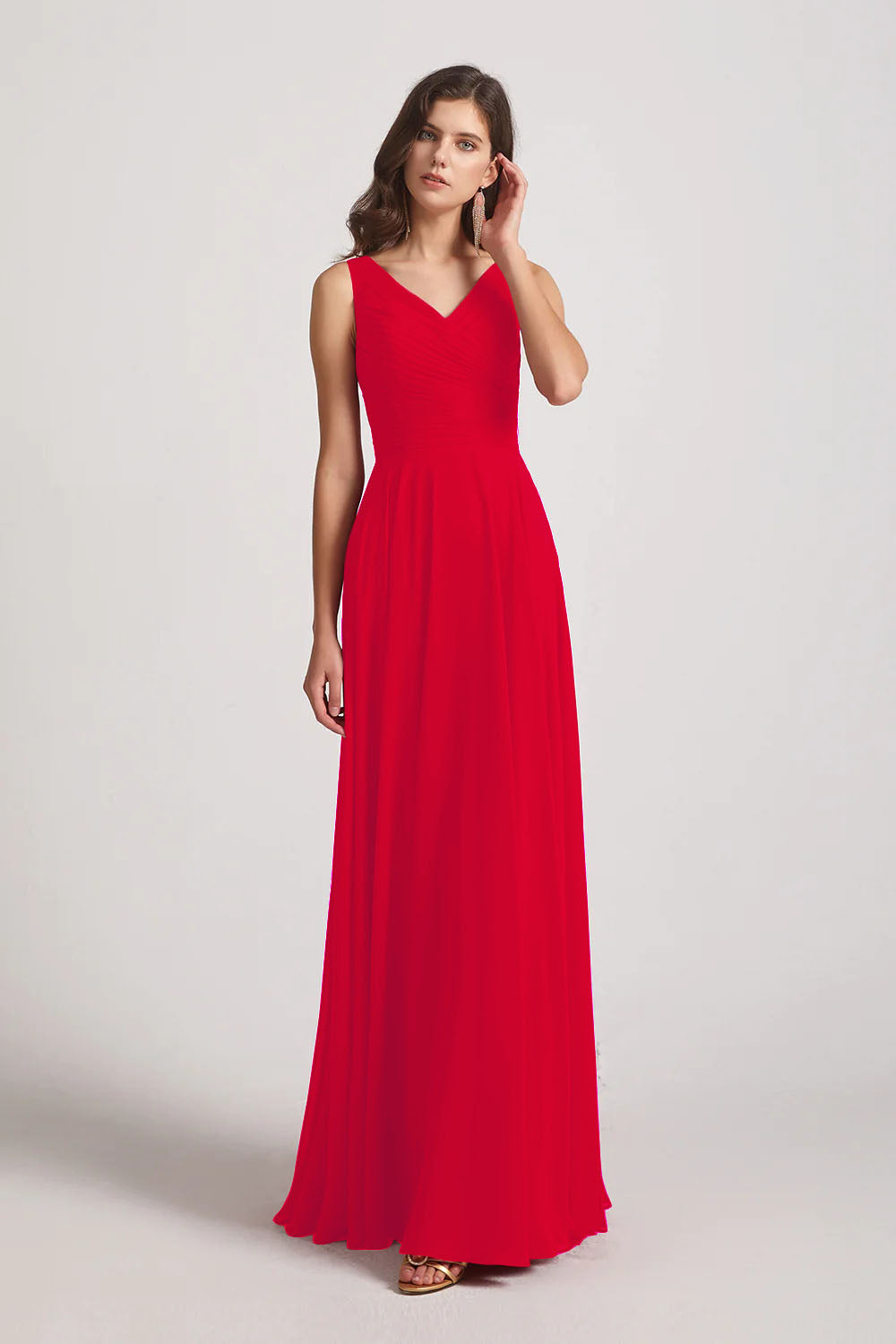 Alfa Bridal Red Straps Pleated A-Line Chiffon Sleeveless Bridesmaid Dresses (AF0144)