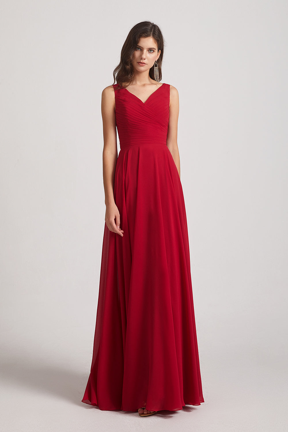 Alfa Bridal Dark Red Straps Pleated A-Line Chiffon Sleeveless Bridesmaid Dresses (AF0144)