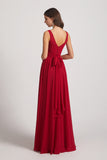 Alfa Bridal Dark Red Straps Pleated A-Line Chiffon Sleeveless Bridesmaid Dresses (AF0144)