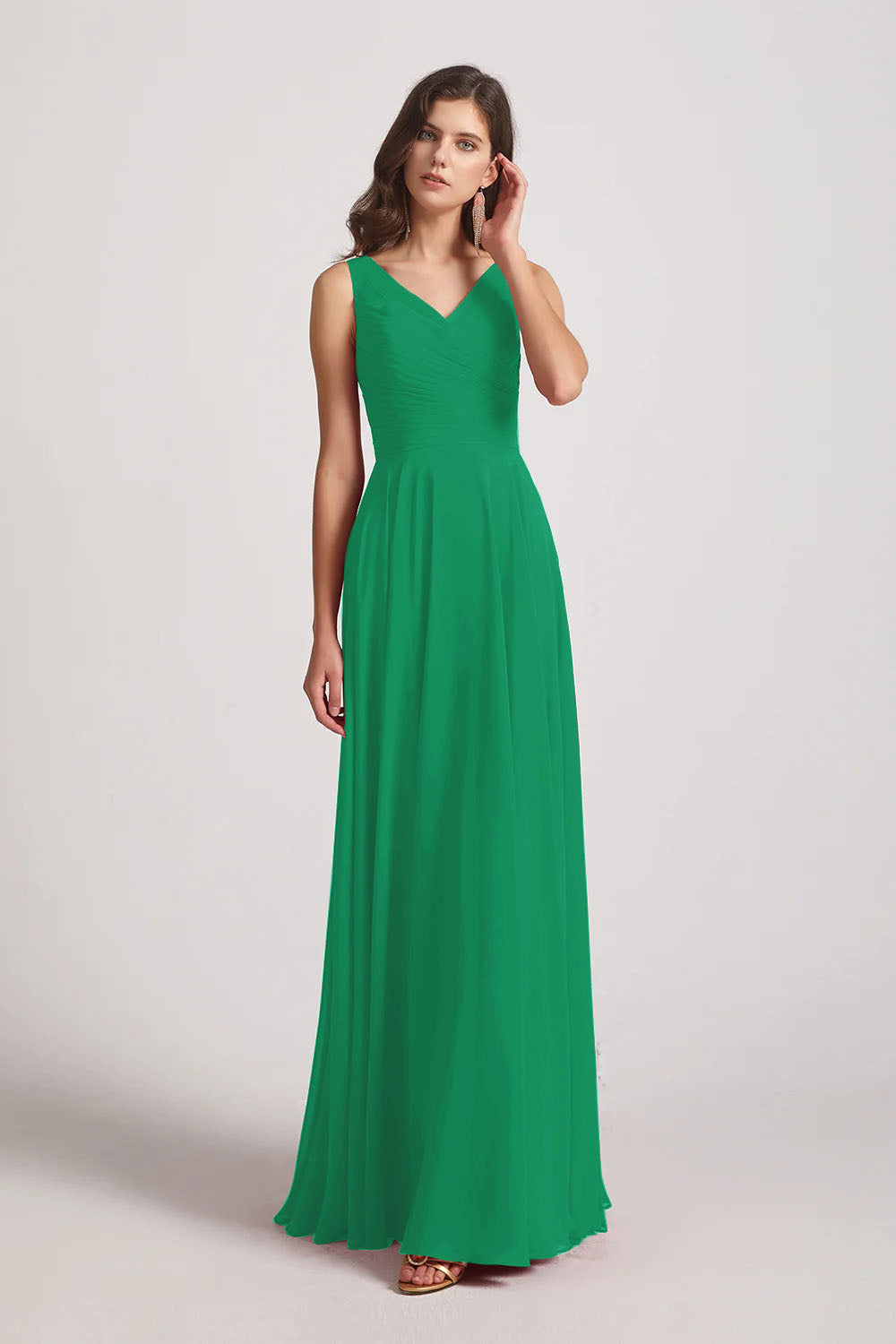Alfa Bridal Shamrock Green Straps Pleated A-Line Chiffon Sleeveless Bridesmaid Dresses (AF0144)