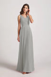 Alfa Bridal Silver Straps Pleated A-Line Chiffon Sleeveless Bridesmaid Dresses (AF0144)