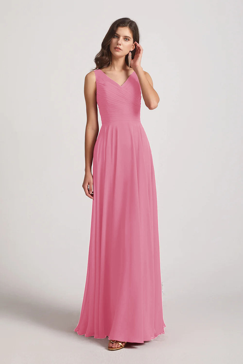 Alfa Bridal Skin Pink Straps Pleated A-Line Chiffon Sleeveless Bridesmaid Dresses (AF0144)