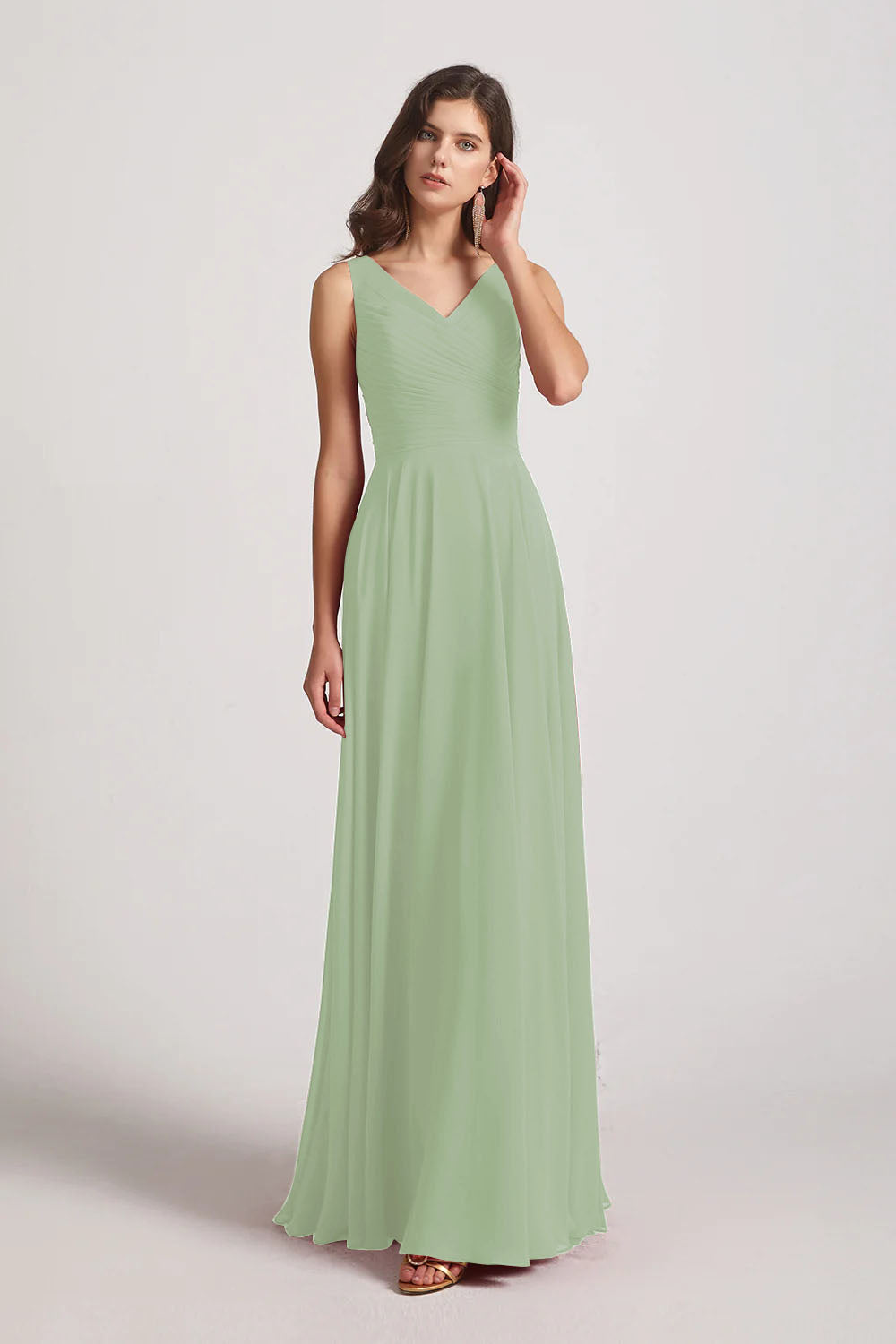 Alfa Bridal Smoke Green Straps Pleated A-Line Chiffon Sleeveless Bridesmaid Dresses (AF0144)
