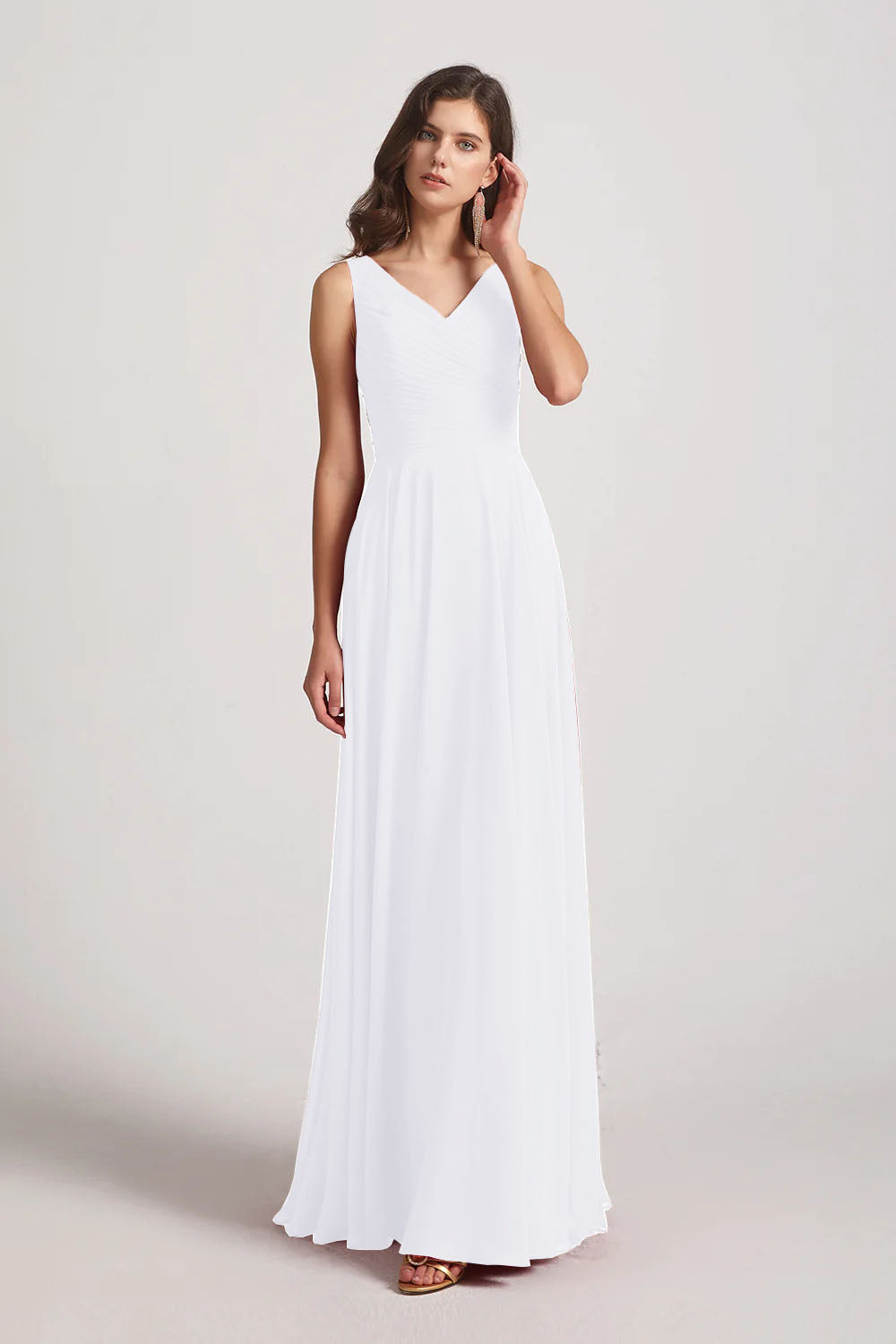 Alfa Bridal White Straps Pleated A-Line Chiffon Sleeveless Bridesmaid Dresses (AF0144)