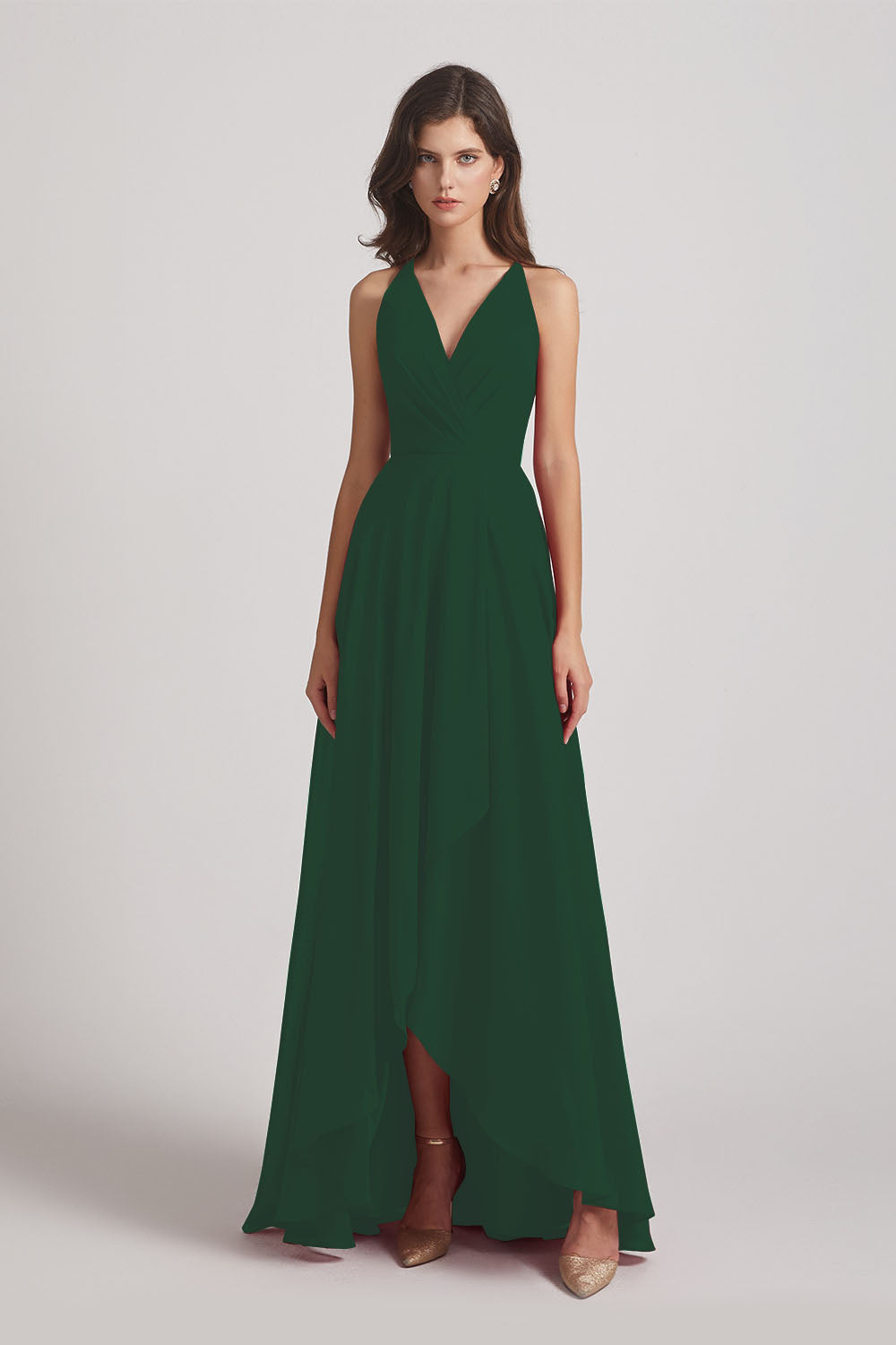 Alfa Bridal Dark Green Straps V-Neck Chiffon Country High Low Bridesmaid Dresses (AF0090)
