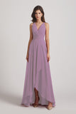 Alfa Bridal Dark Lavender Straps V-Neck Chiffon Country High Low Bridesmaid Dresses (AF0090)