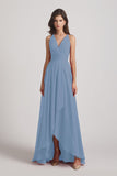 Alfa Bridal Dusty Blue Straps V-Neck Chiffon Country High Low Bridesmaid Dresses (AF0090)