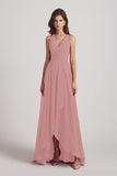 Alfa Bridal Dusty Pink Straps V-Neck Chiffon Country High Low Bridesmaid Dresses (AF0090)