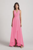 Alfa Bridal Hot Pink Straps V-Neck Chiffon Country High Low Bridesmaid Dresses (AF0090)