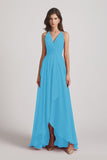 Alfa Bridal Ice Blue Straps V-Neck Chiffon Country High Low Bridesmaid Dresses (AF0090)
