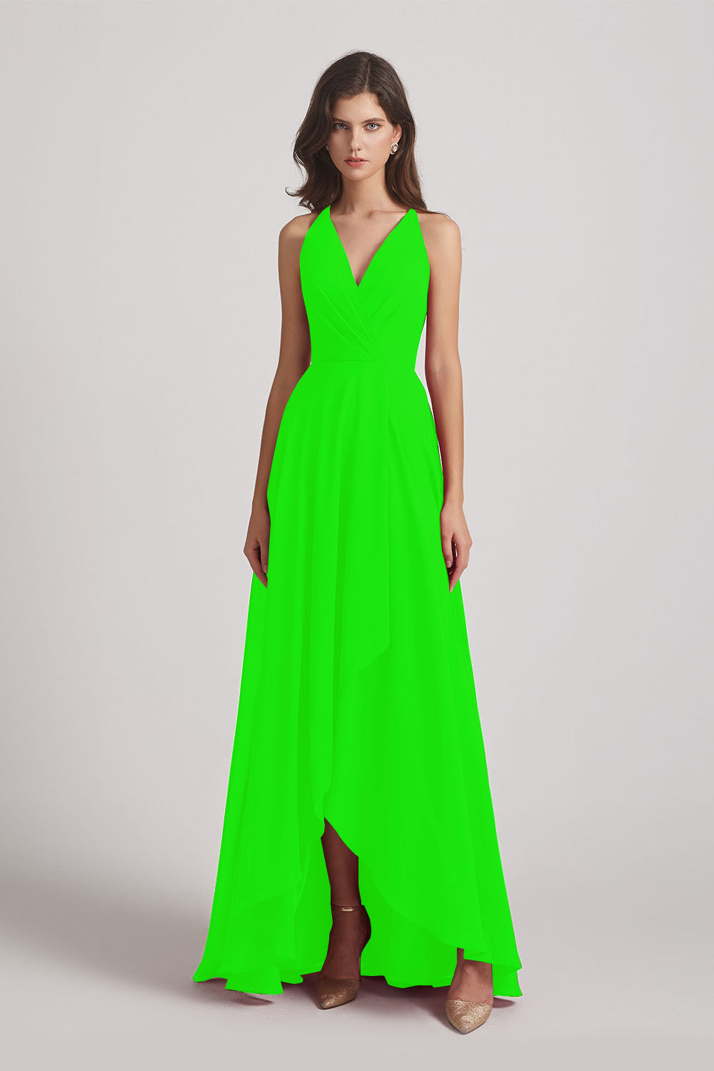 Alfa Bridal Lime Green Straps V-Neck Chiffon Country High Low Bridesmaid Dresses (AF0090)