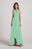 Alfa Bridal Mint Green Straps V-Neck Chiffon Country High Low Bridesmaid Dresses (AF0090)