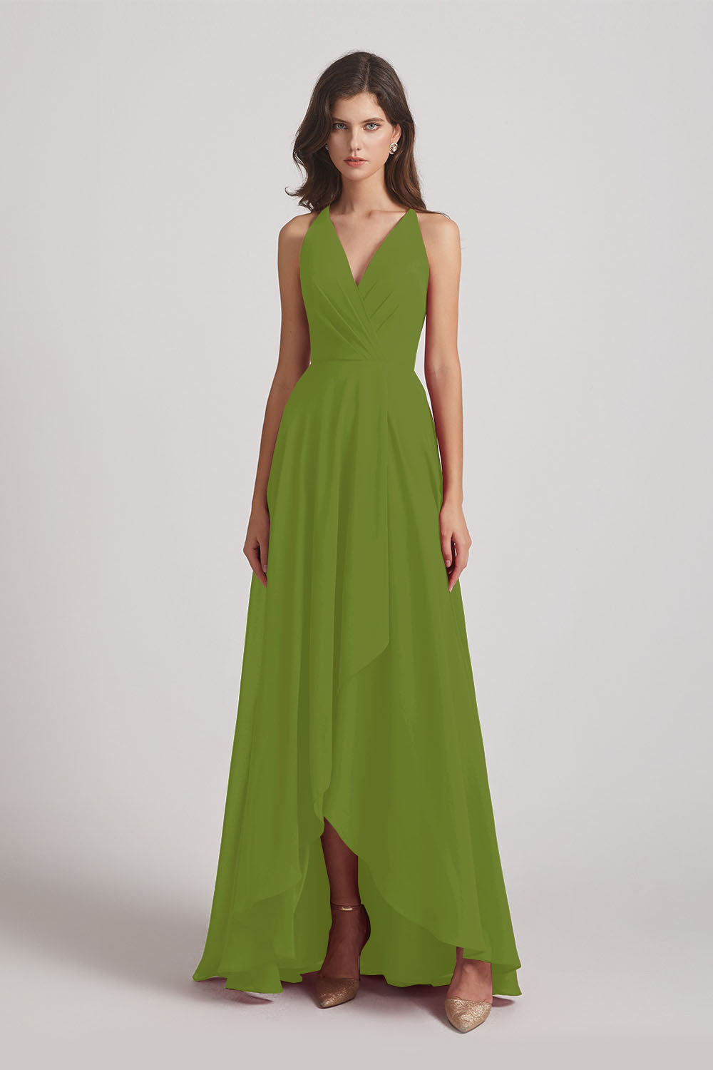 Alfa Bridal Olive Green Straps V-Neck Chiffon Country High Low Bridesmaid Dresses (AF0090)