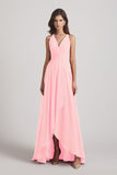 Alfa Bridal Pink Straps V-Neck Chiffon Country High Low Bridesmaid Dresses (AF0090)