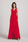 Alfa Bridal Red Straps V-Neck Chiffon Country High Low Bridesmaid Dresses (AF0090)