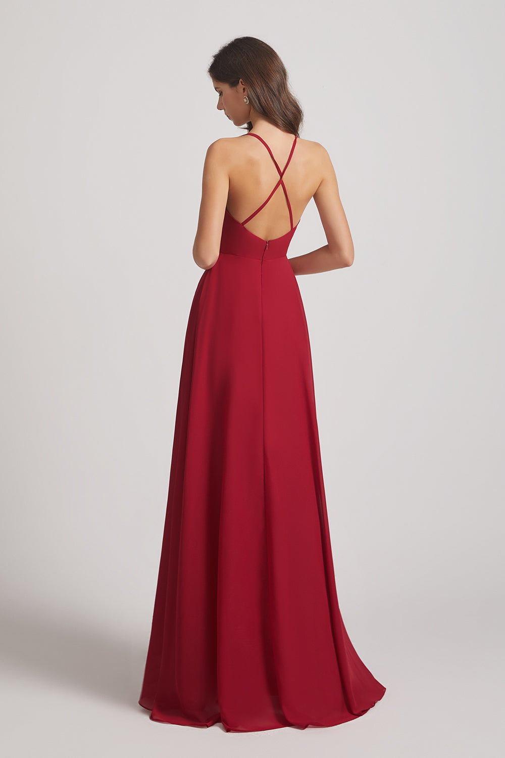 Alfa Bridal Dark Red Straps V-Neck Chiffon Country High Low Bridesmaid Dresses (AF0090)