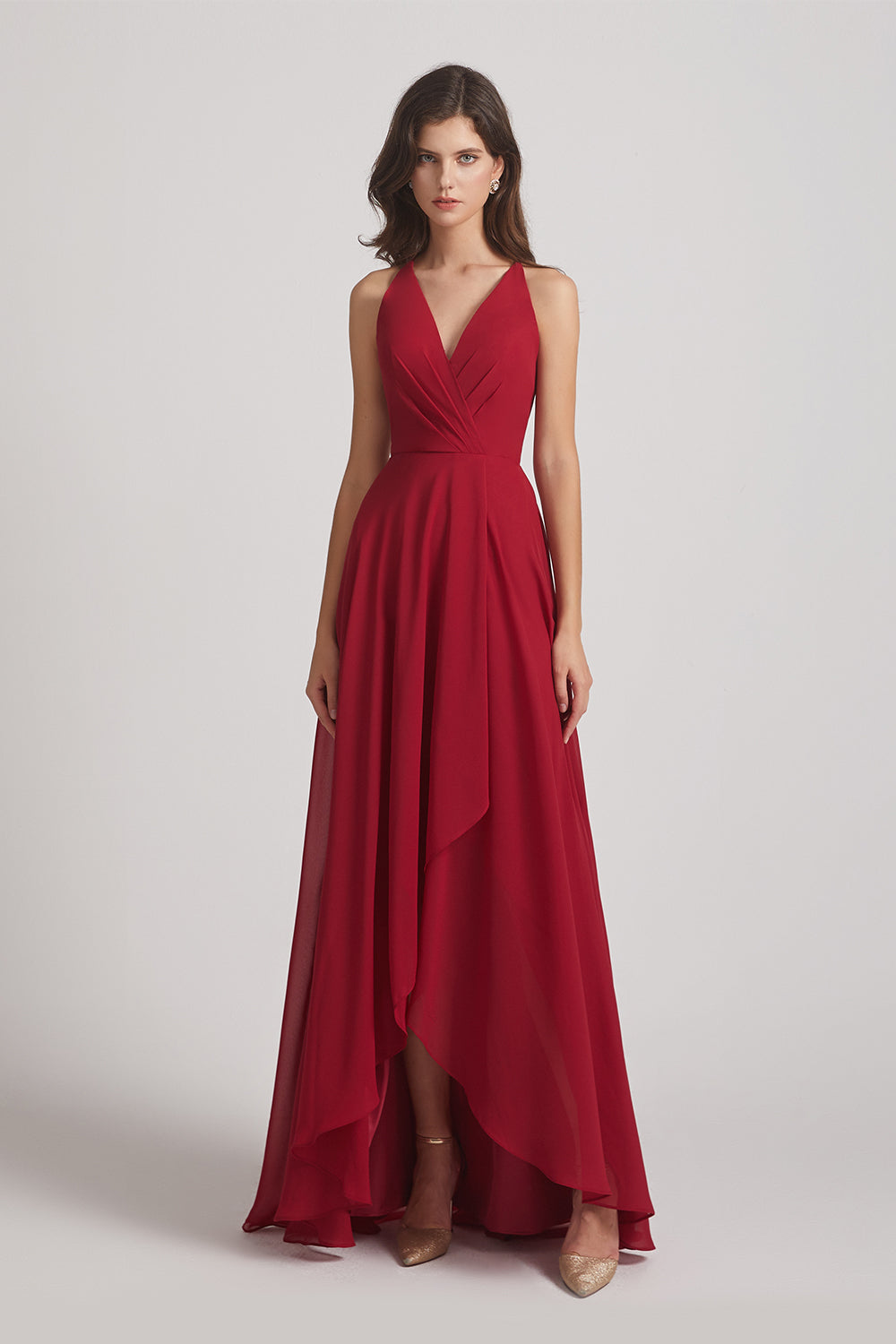 Alfa Bridal Dark Red Straps V-Neck Chiffon Country High Low Bridesmaid Dresses (AF0090)