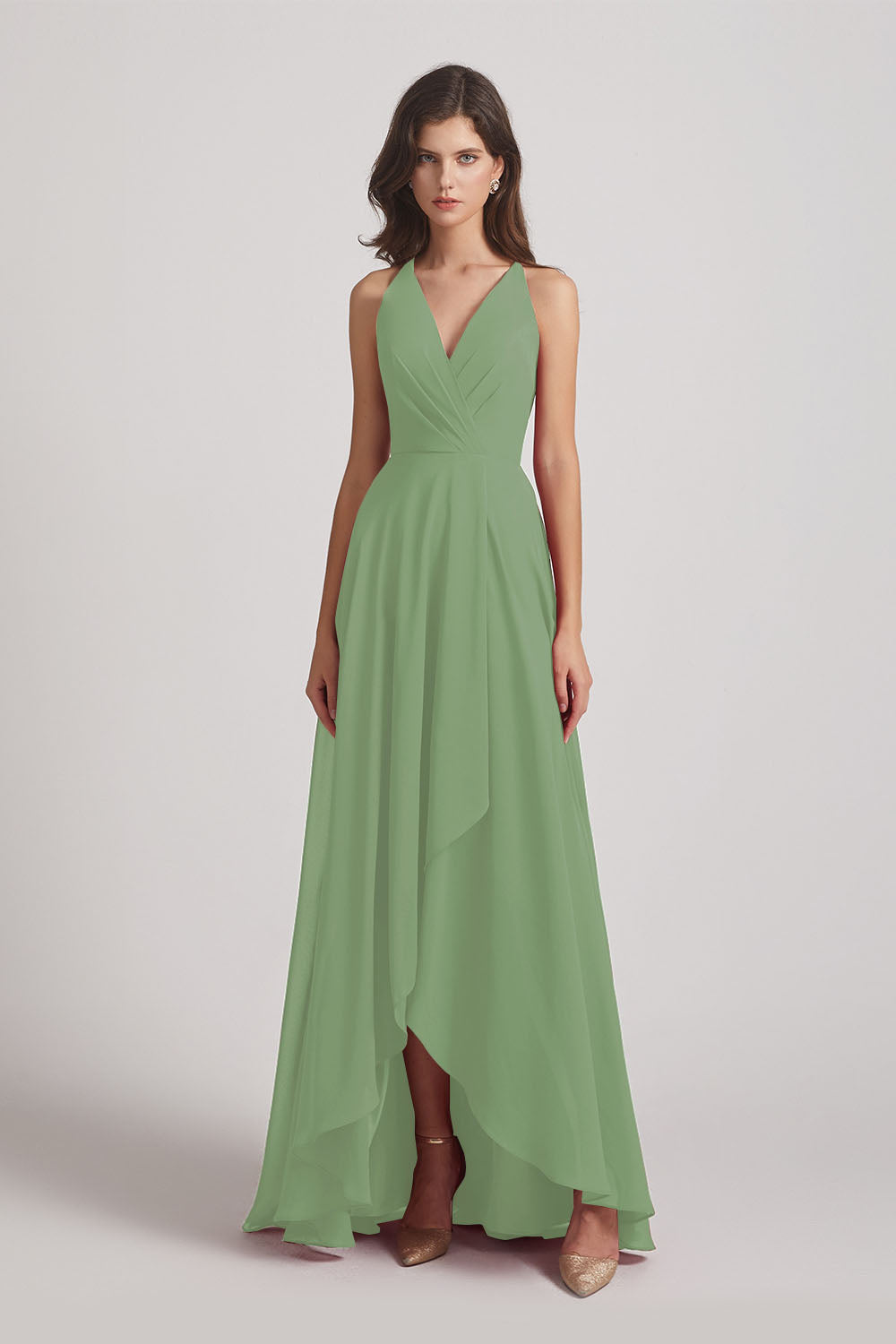 Alfa Bridal Seagrass Straps V-Neck Chiffon Country High Low Bridesmaid Dresses (AF0090)