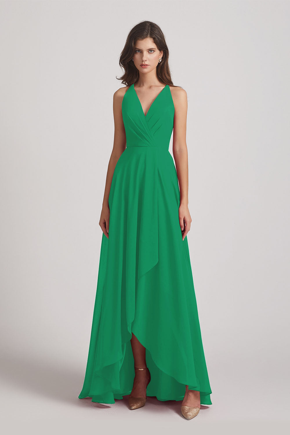 Alfa Bridal Shamrock Green Straps V-Neck Chiffon Country High Low Bridesmaid Dresses (AF0090)