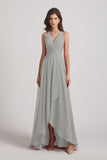 Alfa Bridal Silver Straps V-Neck Chiffon Country High Low Bridesmaid Dresses (AF0090)