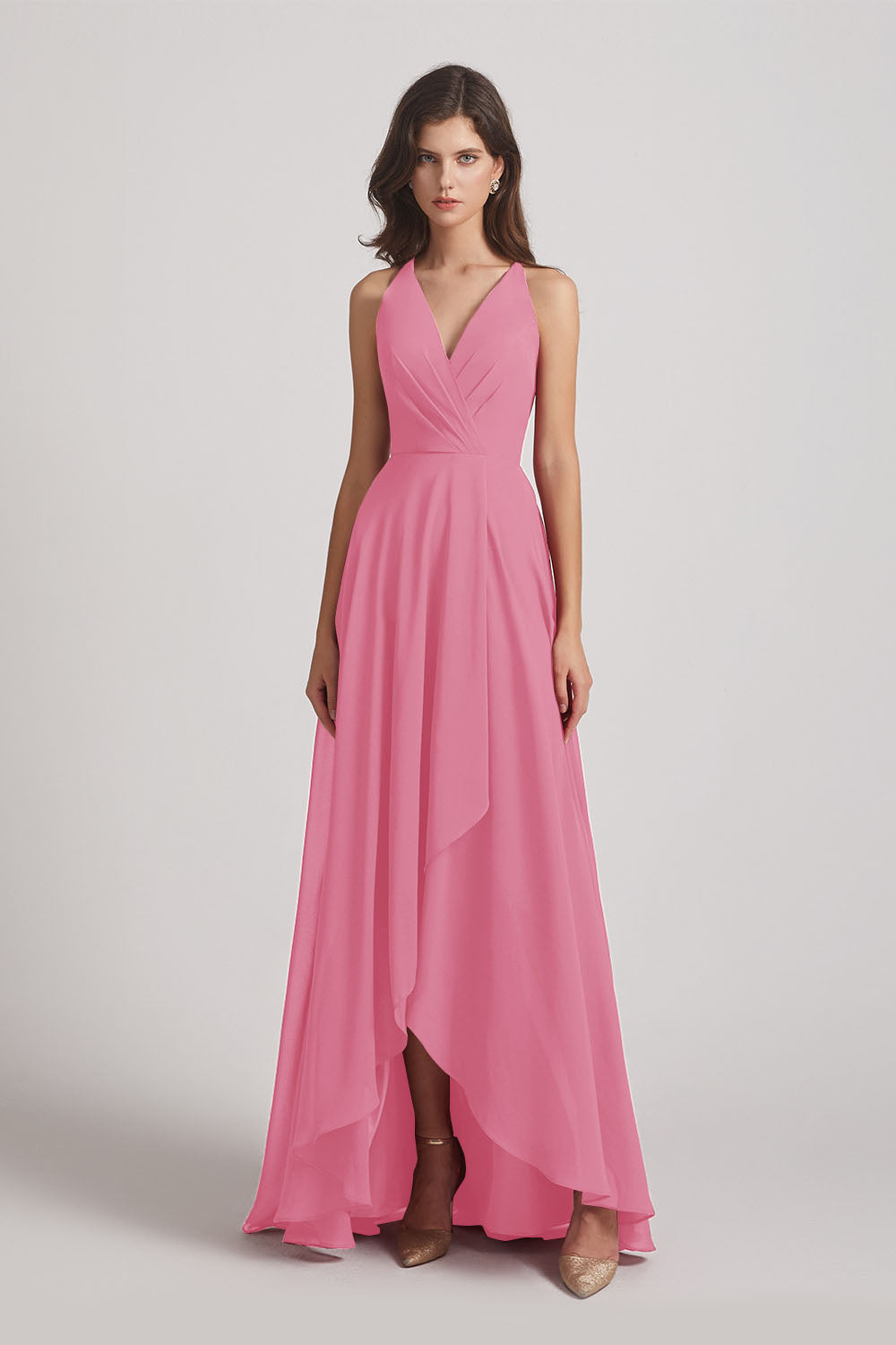 Alfa Bridal Skin Pink Straps V-Neck Chiffon Country High Low Bridesmaid Dresses (AF0090)