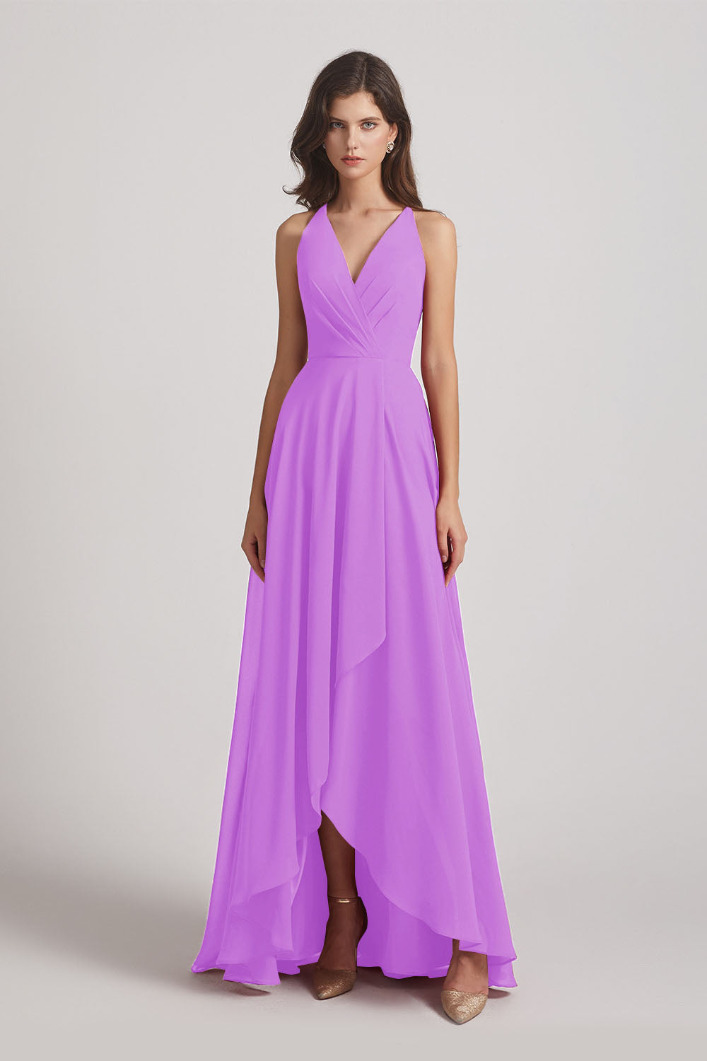 Alfa Bridal Violet Straps V-Neck Chiffon Country High Low Bridesmaid Dresses (AF0090)