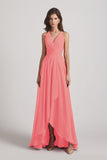 Alfa Bridal Watermelon Straps V-Neck Chiffon Country High Low Bridesmaid Dresses (AF0090)