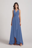 Alfa Bridal Windsor Blue Straps V-Neck Chiffon Country High Low Bridesmaid Dresses (AF0090)
