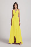 Alfa Bridal Yellow Straps V-Neck Chiffon Country High Low Bridesmaid Dresses (AF0090)