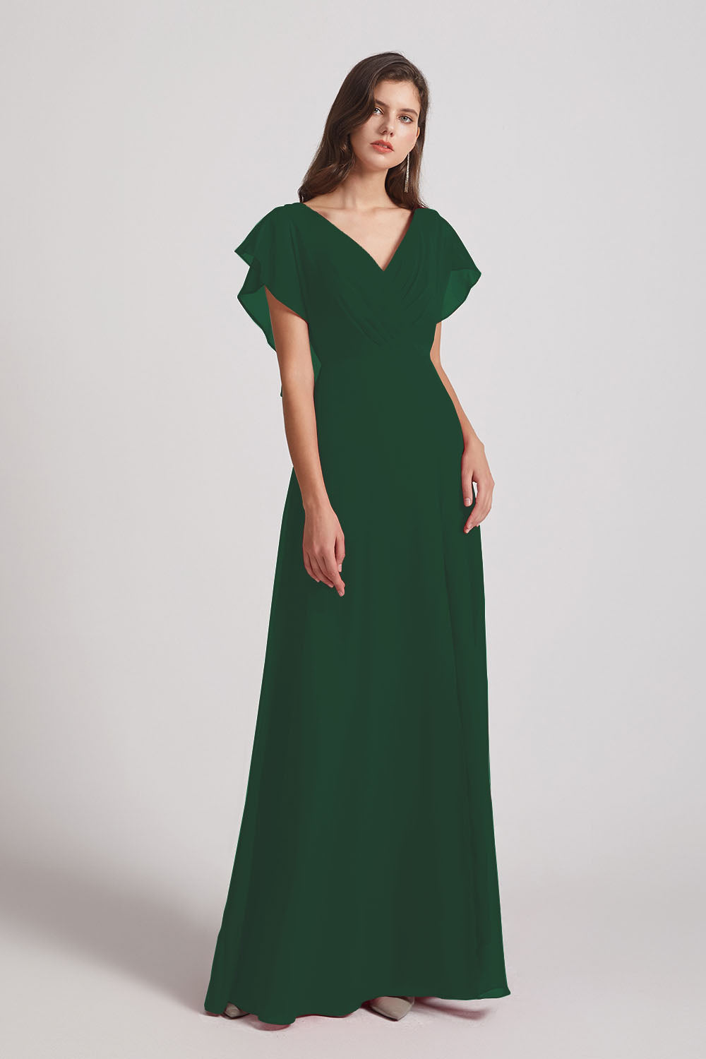 Alfa Bridal Dark Green V-Neck Chiffon Long Backless Bridesmaid Dresses with Side Slit (AF0071)