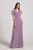Alfa Bridal Dark Lavender V-Neck Chiffon Long Backless Bridesmaid Dresses with Side Slit (AF0071)