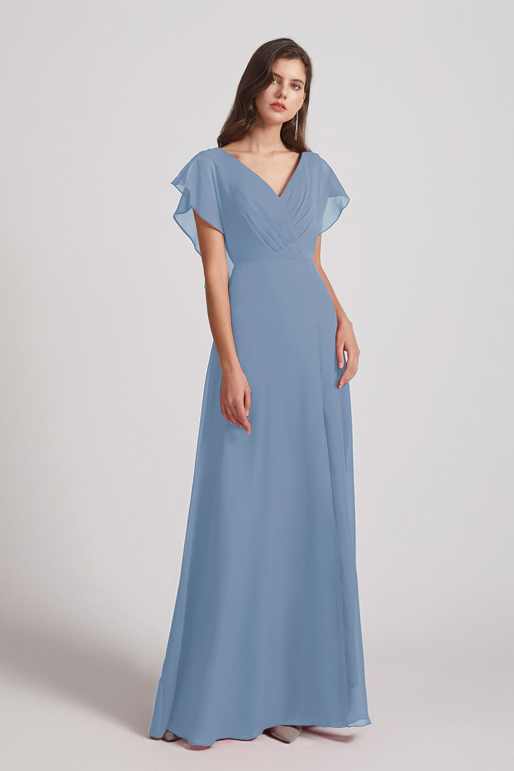 Alfa Bridal Dusty Blue V-Neck Chiffon Long Backless Bridesmaid Dresses with Side Slit (AF0071)