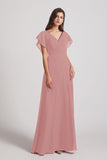 Alfa Bridal Dusty Pink V-Neck Chiffon Long Backless Bridesmaid Dresses with Side Slit (AF0071)