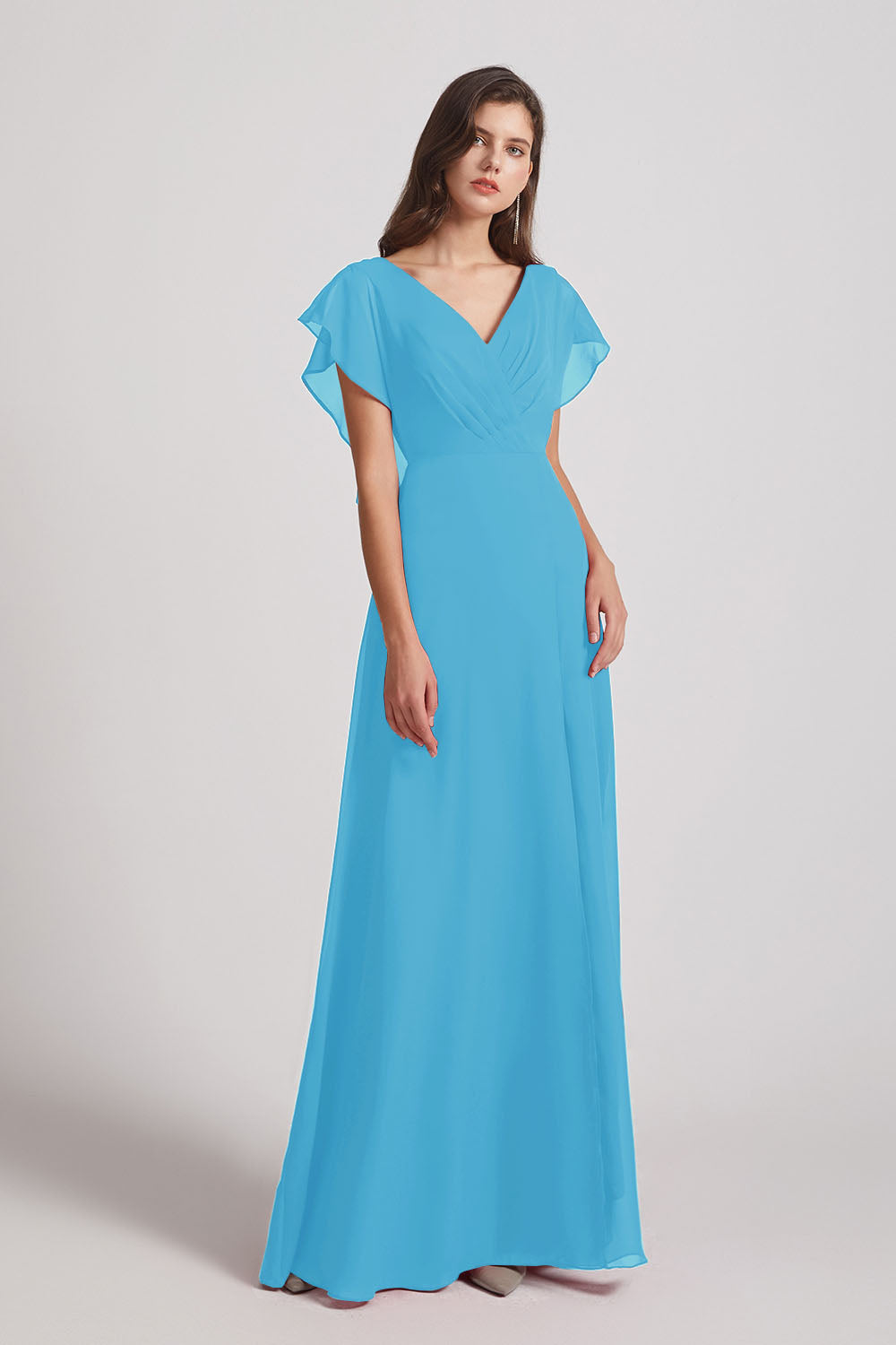 Alfa Bridal Ice Blue V-Neck Chiffon Long Backless Bridesmaid Dresses with Side Slit (AF0071)