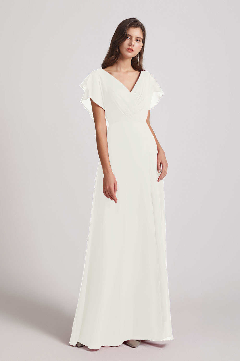 Alfa Bridal Ivory V-Neck Chiffon Long Backless Bridesmaid Dresses with Side Slit (AF0071)