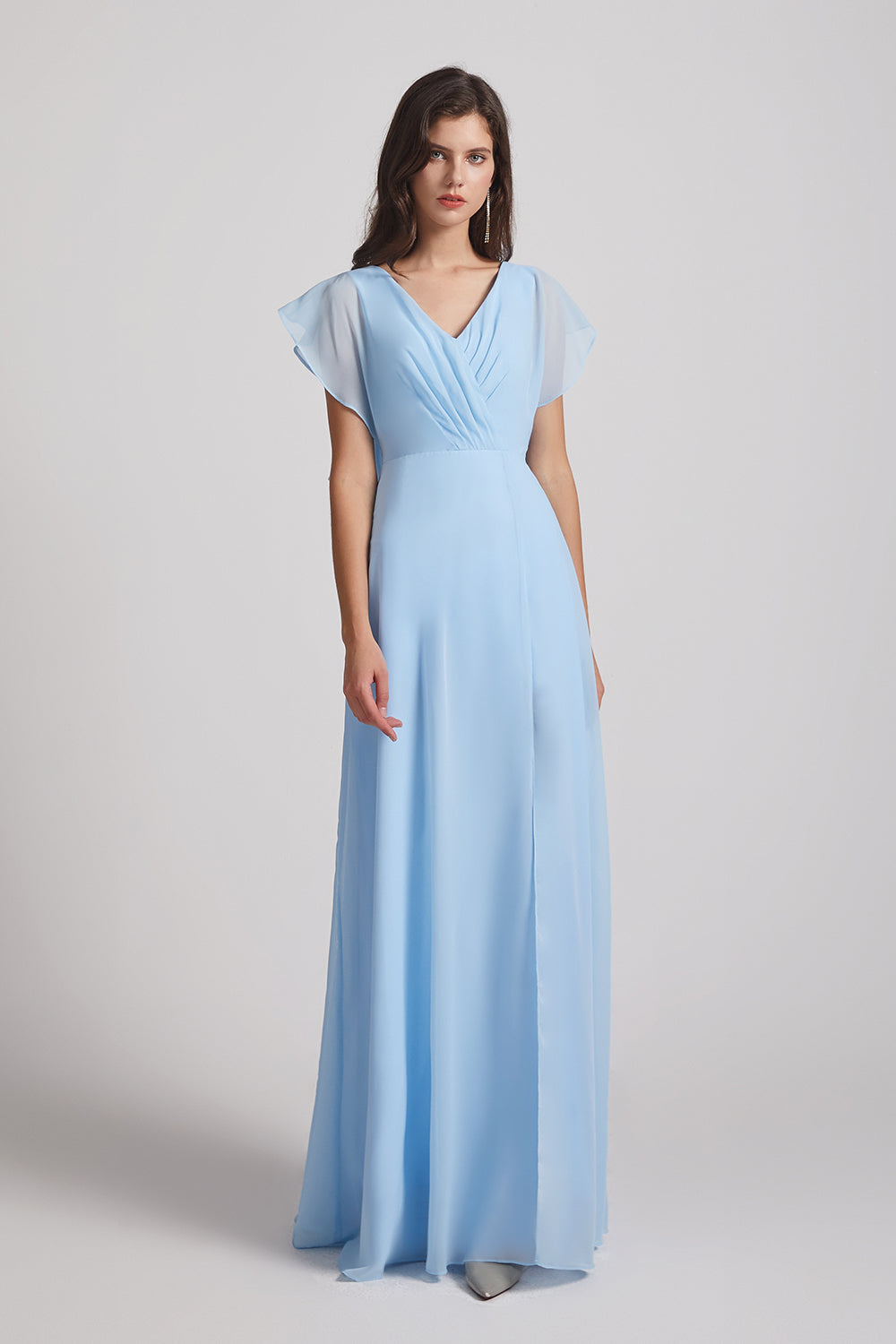 Alfa Bridal Light Sky Blue V-Neck Chiffon Long Backless Bridesmaid Dresses with Side Slit (AF0071)